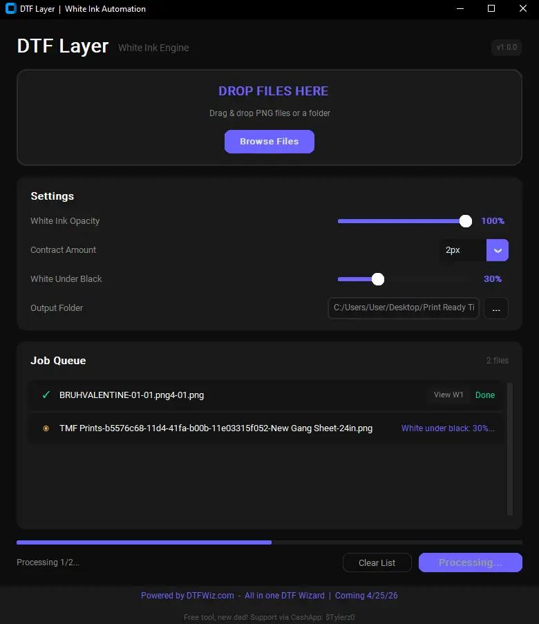 DTF Layer app showing job queue with files being processed